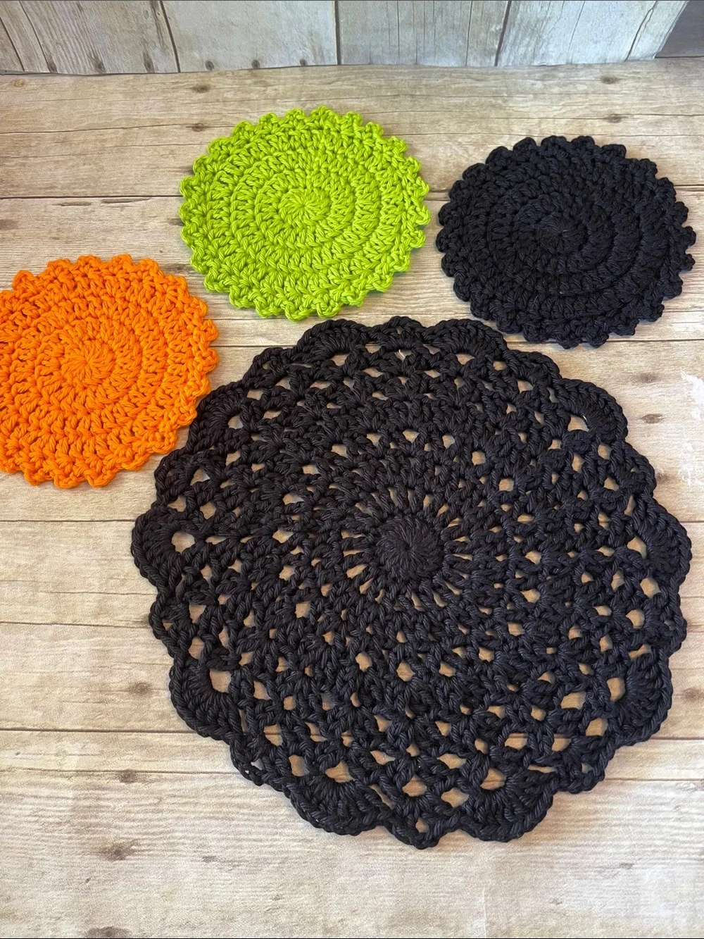 Bundle of 4 Crochet Doily 10 1/2 Inches & 5 1/2 inches Halloween Colors